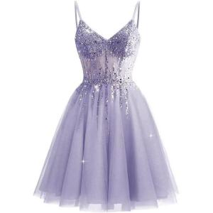 imageTulle Homecoming Dresses 2025 Prom Dresses Short Sparkly Beaded Formal Party GownsLavender