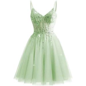 imageTulle Homecoming Dresses 2025 Prom Dresses Short Sparkly Beaded Formal Party GownsMint