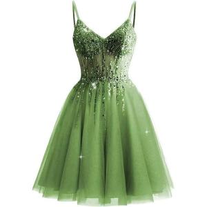 imageTulle Homecoming Dresses 2025 Prom Dresses Short Sparkly Beaded Formal Party GownsOlive