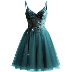 imageTulle Homecoming Dresses 2025 Prom Dresses Short Sparkly Beaded Formal Party GownsPeacock
