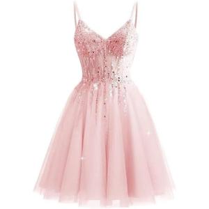 imageTulle Homecoming Dresses 2025 Prom Dresses Short Sparkly Beaded Formal Party GownsPink