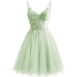 imageTulle Homecoming Dresses 2025 Prom Dresses Short Sparkly Beaded Formal Party GownsSage