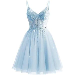 imageTulle Homecoming Dresses 2025 Prom Dresses Short Sparkly Beaded Formal Party GownsSky Blue