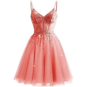 imageTulle Homecoming Dresses 2025 Prom Dresses Short Sparkly Beaded Formal Party GownsWatermelon