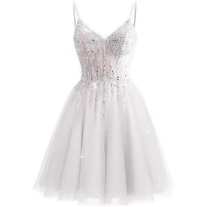 imageTulle Homecoming Dresses 2025 Prom Dresses Short Sparkly Beaded Formal Party GownsWhite