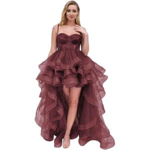 imageTulle Prom Dress Spaghetti Straps Ball Gowns High Low Homecoming Dress Layered Ruffles Princess Quinceanera DressesBurgundy