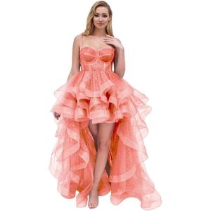imageTulle Prom Dress Spaghetti Straps Ball Gowns High Low Homecoming Dress Layered Ruffles Princess Quinceanera DressesCoral