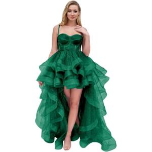 imageTulle Prom Dress Spaghetti Straps Ball Gowns High Low Homecoming Dress Layered Ruffles Princess Quinceanera DressesDark Green