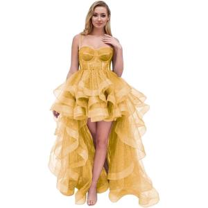 imageTulle Prom Dress Spaghetti Straps Ball Gowns High Low Homecoming Dress Layered Ruffles Princess Quinceanera DressesGold