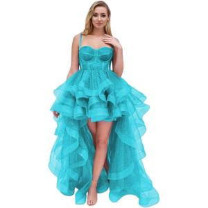 imageTulle Prom Dress Spaghetti Straps Ball Gowns High Low Homecoming Dress Layered Ruffles Princess Quinceanera DressesLake Blue
