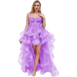 imageTulle Prom Dress Spaghetti Straps Ball Gowns High Low Homecoming Dress Layered Ruffles Princess Quinceanera DressesLilac