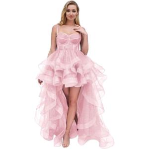 imageTulle Prom Dress Spaghetti Straps Ball Gowns High Low Homecoming Dress Layered Ruffles Princess Quinceanera DressesPink