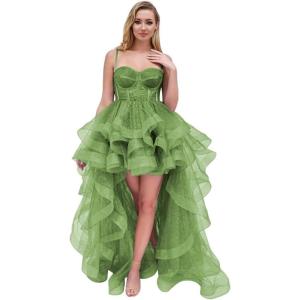 imageTulle Prom Dress Spaghetti Straps Ball Gowns High Low Homecoming Dress Layered Ruffles Princess Quinceanera DressesSage