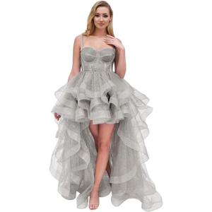 imageTulle Prom Dress Spaghetti Straps Ball Gowns High Low Homecoming Dress Layered Ruffles Princess Quinceanera DressesSilver