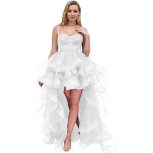 imageTulle Prom Dress Spaghetti Straps Ball Gowns High Low Homecoming Dress Layered Ruffles Princess Quinceanera DressesWhite