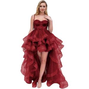imageTulle Prom Dress Spaghetti Straps Ball Gowns High Low Homecoming Dress Layered Ruffles Princess Quinceanera DressesWine Red
