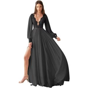 imageV Neck Long Sleeve Bridesmaid Dresses Lace Beach Boho Wedding Dress Chiffon Formal Gowns for Women with SlitBlack