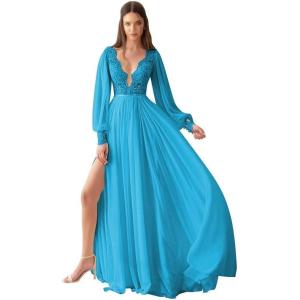 imageV Neck Long Sleeve Bridesmaid Dresses Lace Beach Boho Wedding Dress Chiffon Formal Gowns for Women with SlitBlue