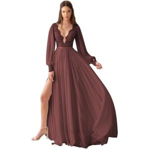 imageV Neck Long Sleeve Bridesmaid Dresses Lace Beach Boho Wedding Dress Chiffon Formal Gowns for Women with SlitBurgundy