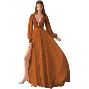 imageV Neck Long Sleeve Bridesmaid Dresses Lace Beach Boho Wedding Dress Chiffon Formal Gowns for Women with SlitBurnt Orange