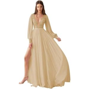 imageV Neck Long Sleeve Bridesmaid Dresses Lace Beach Boho Wedding Dress Chiffon Formal Gowns for Women with SlitChampage