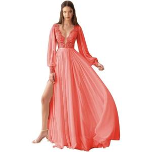 imageV Neck Long Sleeve Bridesmaid Dresses Lace Beach Boho Wedding Dress Chiffon Formal Gowns for Women with SlitCoral