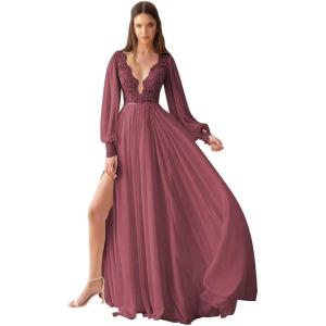 imageV Neck Long Sleeve Bridesmaid Dresses Lace Beach Boho Wedding Dress Chiffon Formal Gowns for Women with SlitDesert Rose