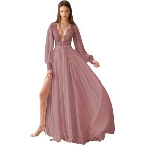 imageV Neck Long Sleeve Bridesmaid Dresses Lace Beach Boho Wedding Dress Chiffon Formal Gowns for Women with SlitDusty Rose