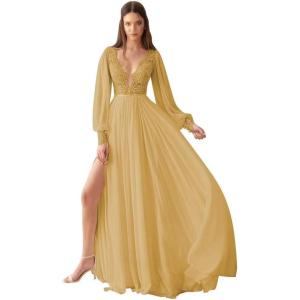 imageV Neck Long Sleeve Bridesmaid Dresses Lace Beach Boho Wedding Dress Chiffon Formal Gowns for Women with SlitGold