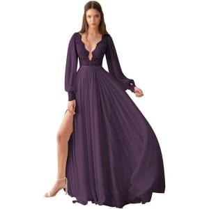 imageV Neck Long Sleeve Bridesmaid Dresses Lace Beach Boho Wedding Dress Chiffon Formal Gowns for Women with SlitGrape