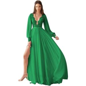 imageV Neck Long Sleeve Bridesmaid Dresses Lace Beach Boho Wedding Dress Chiffon Formal Gowns for Women with SlitGreen