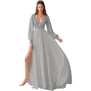 imageV Neck Long Sleeve Bridesmaid Dresses Lace Beach Boho Wedding Dress Chiffon Formal Gowns for Women with SlitGrey