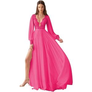 imageV Neck Long Sleeve Bridesmaid Dresses Lace Beach Boho Wedding Dress Chiffon Formal Gowns for Women with SlitHot Pink