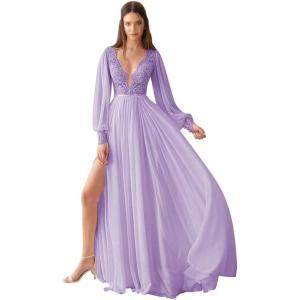 imageV Neck Long Sleeve Bridesmaid Dresses Lace Beach Boho Wedding Dress Chiffon Formal Gowns for Women with SlitLavender