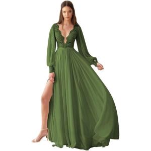 imageV Neck Long Sleeve Bridesmaid Dresses Lace Beach Boho Wedding Dress Chiffon Formal Gowns for Women with SlitOlive