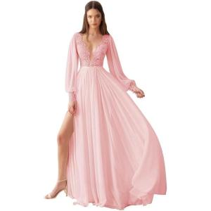 imageV Neck Long Sleeve Bridesmaid Dresses Lace Beach Boho Wedding Dress Chiffon Formal Gowns for Women with SlitPink
