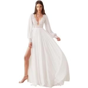 imageV Neck Long Sleeve Bridesmaid Dresses Lace Beach Boho Wedding Dress Chiffon Formal Gowns for Women with SlitWhite