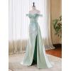 imageOff Shoulder Sequin Prom Dresses Long 2025 Satin Mermaid Formal Dresses Spaghetti Strap Evening Party Dress with SlitTurquoise