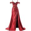 imageOff Shoulder Sequin Prom Dresses Long 2025 Satin Mermaid Formal Dresses Spaghetti Strap Evening Party Dress with SlitWine Red