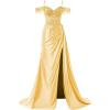 imageOff Shoulder Sequin Prom Dresses Long 2025 Satin Mermaid Formal Dresses Spaghetti Strap Evening Party Dress with SlitYellow