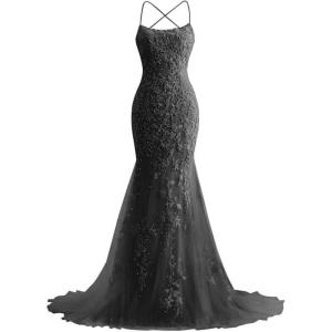 imageMermaid Prom Dresses 2025 Spaghetti Straps Evening Gowns Lace Applique Floral Formal Dresses for WomenBlack