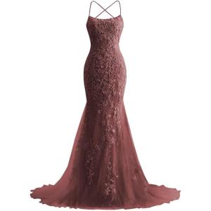 imageMermaid Prom Dresses 2025 Spaghetti Straps Evening Gowns Lace Applique Floral Formal Dresses for WomenBurgundy