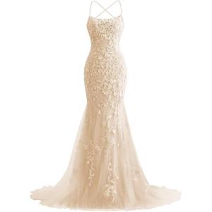 imageMermaid Prom Dresses 2025 Spaghetti Straps Evening Gowns Lace Applique Floral Formal Dresses for WomenChampagne