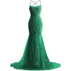 imageMermaid Prom Dresses 2025 Spaghetti Straps Evening Gowns Lace Applique Floral Formal Dresses for WomenDark Green