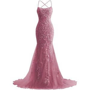 imageMermaid Prom Dresses 2025 Spaghetti Straps Evening Gowns Lace Applique Floral Formal Dresses for WomenDesert Rose