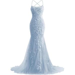 imageMermaid Prom Dresses 2025 Spaghetti Straps Evening Gowns Lace Applique Floral Formal Dresses for WomenDusty Blue
