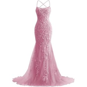 imageMermaid Prom Dresses 2025 Spaghetti Straps Evening Gowns Lace Applique Floral Formal Dresses for WomenDusty Pink