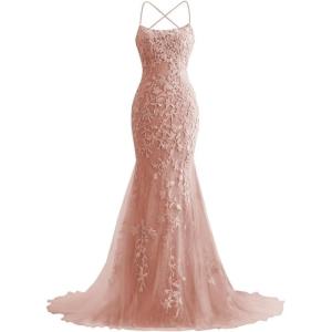 imageMermaid Prom Dresses 2025 Spaghetti Straps Evening Gowns Lace Applique Floral Formal Dresses for WomenDusty Rose