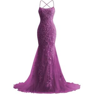 imageMermaid Prom Dresses 2025 Spaghetti Straps Evening Gowns Lace Applique Floral Formal Dresses for WomenFuchsia