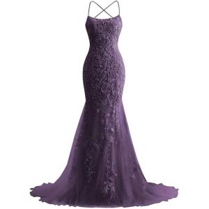 imageMermaid Prom Dresses 2025 Spaghetti Straps Evening Gowns Lace Applique Floral Formal Dresses for WomenGrape